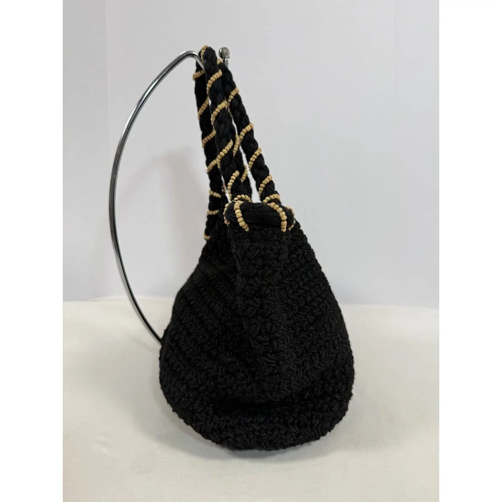 The Sak Black Crochet Hobo Bag Wood Beaded Braided Straps Boho Shoulder Bag